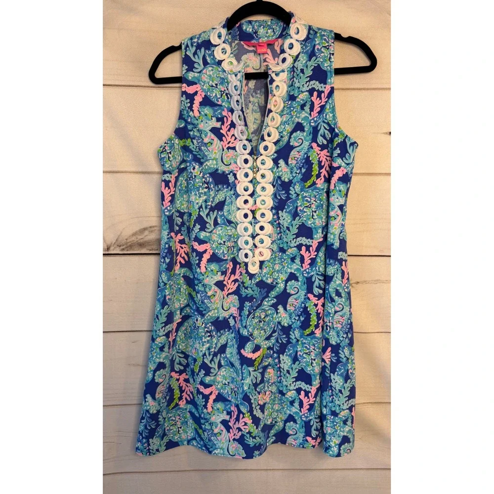 Lilly Pulitzer Womens Blue Pink Sea Turtle Coral Shift Dress Lace Trim Size 2